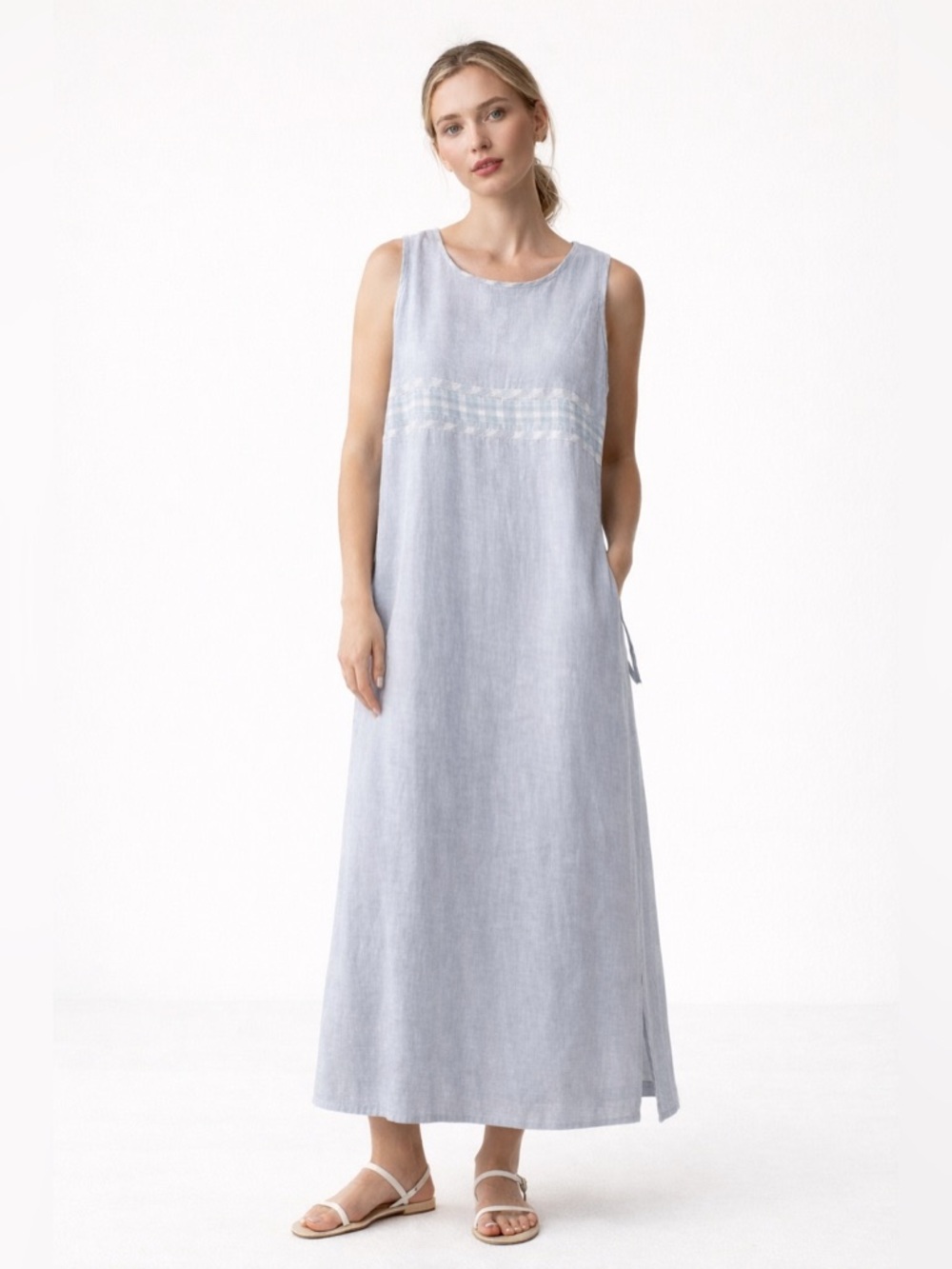 DRESSING CLIO 100% Linen Dress Blue Maxi Minimalist Cottagecore Coastal Vintage